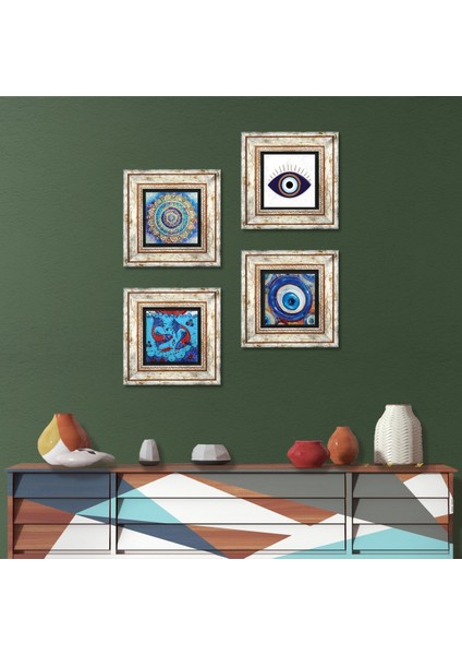 Stone Nazar, Mandala, Çini Sanatı Balık Çerçeveli Taş Duvar Tablosu 4’lü Set - Dekoratif Modern Sanat, Ev ve Ofis Dekoru |TK4-1625|