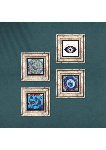 Stone Nazar, Mandala, Çini Sanatı Balık Çerçeveli Taş Duvar Tablosu 4’lü Set - Dekoratif Modern Sanat, Ev ve Ofis Dekoru |TK4-1625| fırsatları