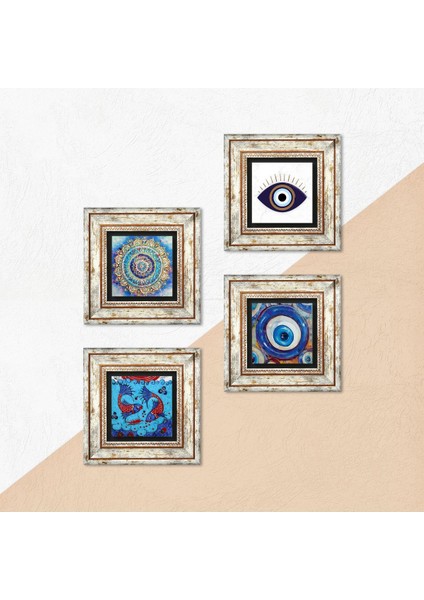 Stone Nazar, Mandala, Çini Sanatı Balık Çerçeveli Taş Duvar Tablosu 4’lü Set - Dekoratif Modern Sanat, Ev ve Ofis Dekoru |TK4-1625| indirimleri