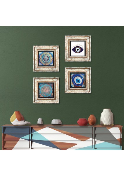 Nazar, Mandala, Yaşam Çiçeği Taş Duvar Tablosu Çerçeveli Duvar Dekoru 4 Parça Tablo Seti Wall Art T4-1631