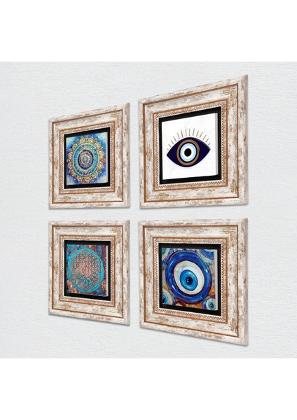 Nazar, Mandala, Yaşam Çiçeği Taş Duvar Tablosu Çerçeveli Duvar Dekoru 4 Parça Tablo Seti Wall Art T4-1631 fiyatları