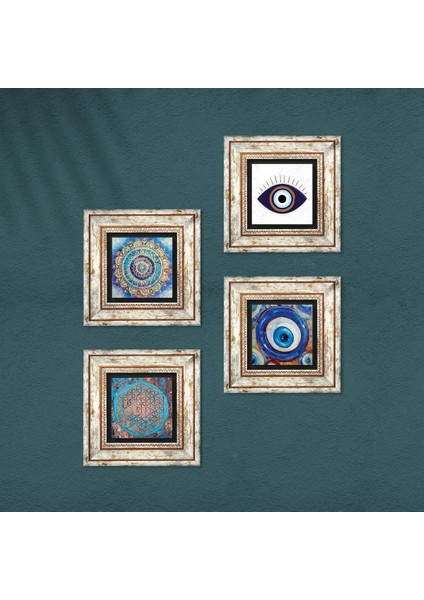 Nazar, Mandala, Yaşam Çiçeği Taş Duvar Tablosu Çerçeveli Duvar Dekoru 4 Parça Tablo Seti Wall Art T4-1631 fırsatları