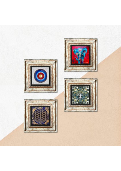 Nazar, Hayat Ağacı, Fil, Yaşam Çiçeği Çerçeveli Taş Duvar Tablosu 4’lü Set - Dekoratif Modern Sanat, Ev ve Ofis Dekoru |TK4-899| indirimleri