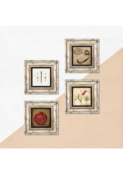 Lale, Vav, Elif, Bereket Duası Çerçeveli Taş Duvar Tablosu 4’lü Set - Dekoratif Modern Sanat, Ev ve Ofis Dekoru |TK4-929| indirimleri