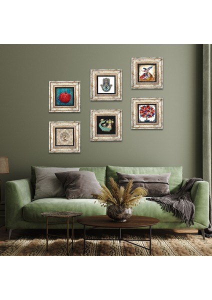 Şahmeran, Hayat Ağacı, Semazen, Nar Ağacı, Nar, Fatma Ana Eli Taş Duvar Tablosu Çerçeveli Duvar Dekoru 6 Parça Tablo Seti Wall Art T6-29