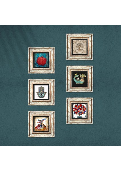 Şahmeran, Hayat Ağacı, Semazen, Nar Ağacı, Nar, Fatma Ana Eli Taş Duvar Tablosu Çerçeveli Duvar Dekoru 6 Parça Tablo Seti Wall Art T6-29