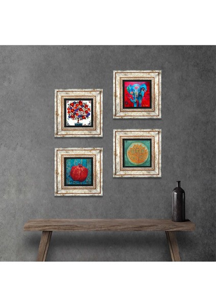 Fil, Lotus Çiçeği, Nar Ağacı, Nar Taş Duvar Tablosu Çerçeveli Duvar Dekoru 4 Parça Tablo Seti Wall Art T4-883