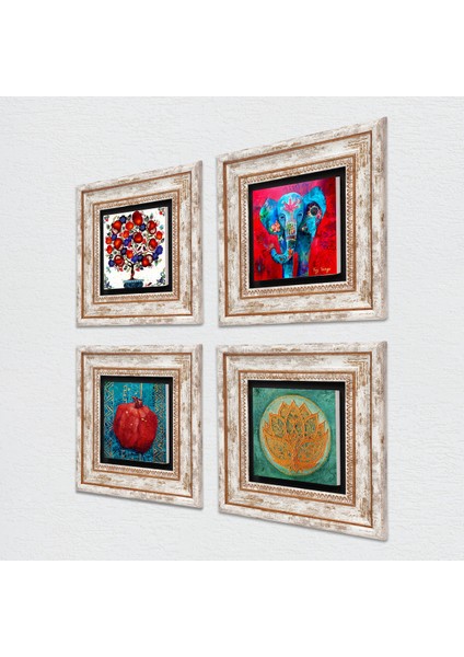 Fil, Lotus Çiçeği, Nar Ağacı, Nar Taş Duvar Tablosu Çerçeveli Duvar Dekoru 4 Parça Tablo Seti Wall Art T4-883