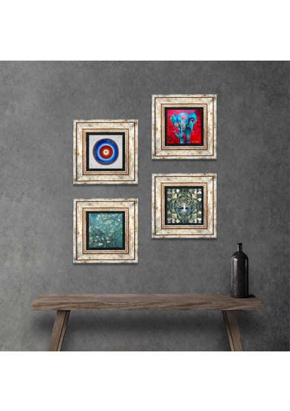 Nazar, Hayat Ağacı, Fil, Van Gogh Badem Ağacı Taş Duvar Tablosu Çerçeveli Duvar Dekoru 4 Parça Tablo Seti Wall Art T4-903