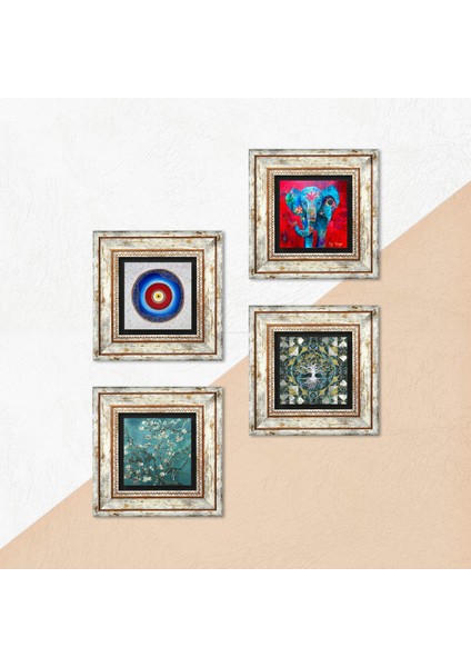 Nazar, Hayat Ağacı, Fil, Van Gogh Badem Ağacı Taş Duvar Tablosu Çerçeveli Duvar Dekoru 4 Parça Tablo Seti Wall Art T4-903 indirimleri