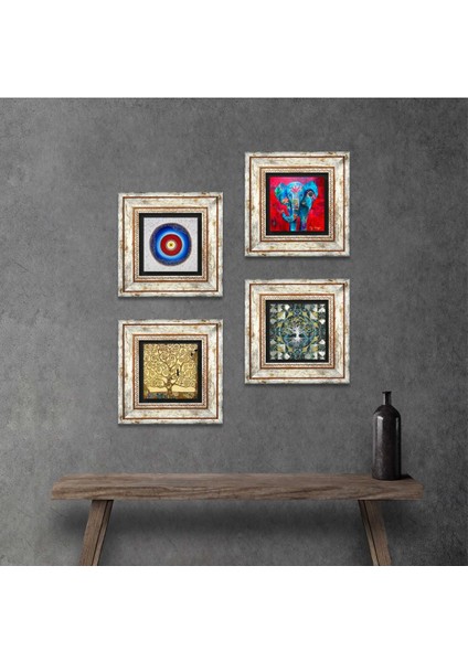 Nazar, Hayat Ağacı, Fil Taş Duvar Tablosu Çerçeveli Duvar Dekoru 4 Parça Tablo Seti Wall Art T4-904