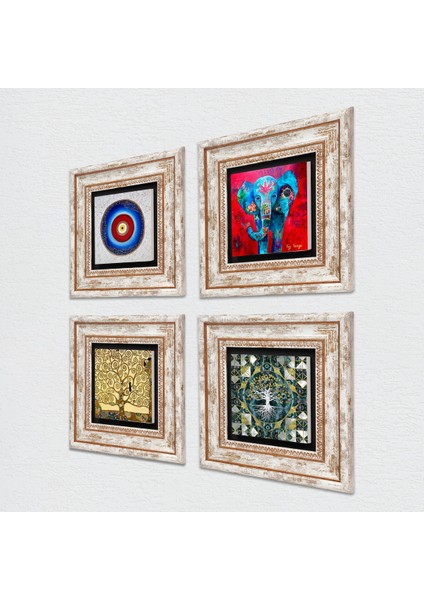 Nazar, Hayat Ağacı, Fil Taş Duvar Tablosu Çerçeveli Duvar Dekoru 4 Parça Tablo Seti Wall Art T4-904