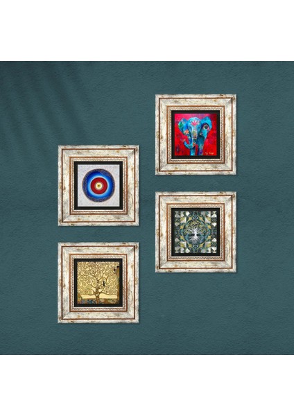 Nazar, Hayat Ağacı, Fil Taş Duvar Tablosu Çerçeveli Duvar Dekoru 4 Parça Tablo Seti Wall Art T4-904