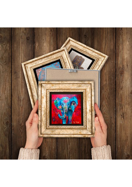 Nazar, Hayat Ağacı, Fil Taş Duvar Tablosu Çerçeveli Duvar Dekoru 4 Parça Tablo Seti Wall Art T4-904