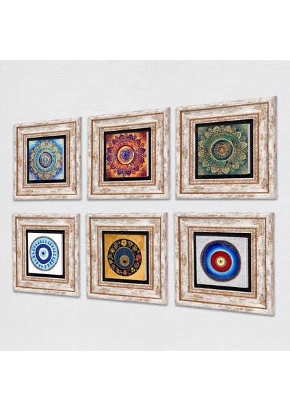 Nazar, Mandala Taş Duvar Tablosu Çerçeveli Duvar Dekoru 6 Parça Tablo Seti Wall Art T6-37