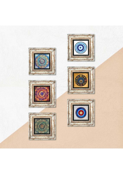 Nazar, Mandala Taş Duvar Tablosu Çerçeveli Duvar Dekoru 6 Parça Tablo Seti Wall Art T6-37