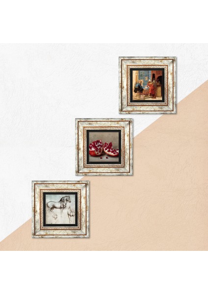Satranç Oyunu, Leonardo da Vinci At Heykeli, Nar Taş Duvar Tablosu Çerçeveli Duvar Dekoru 3 Parça Tablo Seti Wall Art T3-1286