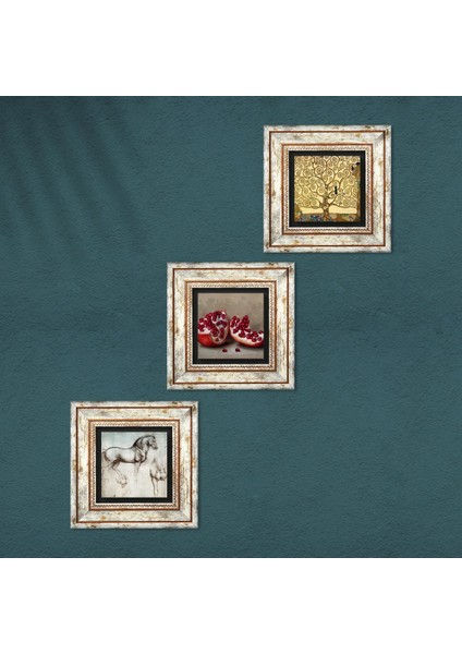 Gustav Klimt Hayat Ağacı, Leonardo da Vinci At Heykeli, Nar Çerçeveli Taş Duvar Tablosu 3’lü Set - Dekoratif Modern Sanat, Ev ve Ofis Dekoru |TK3-1287| fırsatları