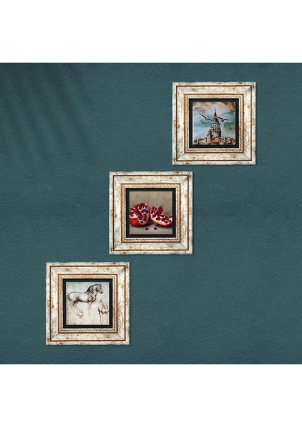 İstanbul Galata Kulesi, Leonardo da Vinci At Heykeli, Nar Taş Duvar Tablosu Çerçeveli Duvar Dekoru 3 Parça Tablo Seti Wall Art T3-1300