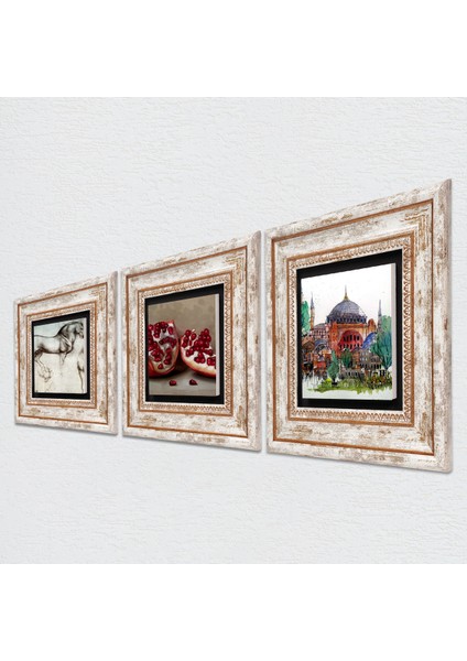 İstanbul Ayasofya, Leonardo da Vinci At Heykeli, Nar Taş Duvar Tablosu Çerçeveli Duvar Dekoru 3 Parça Tablo Seti Wall Art T3-1301
