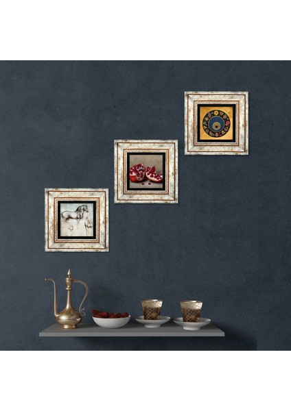 Nazar Boncuğu, Leonardo da Vinci At Heykeli, Nar Taş Duvar Tablosu Çerçeveli Duvar Dekoru 3 Parça Tablo Seti Wall Art T3-1303