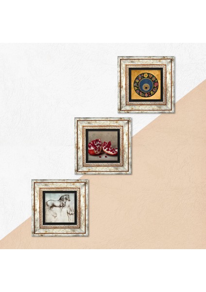 Nazar Boncuğu, Leonardo da Vinci At Heykeli, Nar Taş Duvar Tablosu Çerçeveli Duvar Dekoru 3 Parça Tablo Seti Wall Art T3-1303