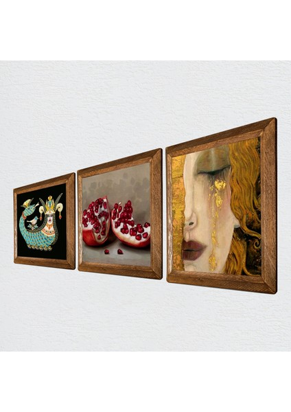 Gustav Klimt Altın Gözyaşları, Şahmeran, Nar Ahşap Çerçeveli Taş Duvar Tablosu 3’lü Set – 25x25 cm Dekoratif Modern Sanat – Ev ve Ofis Dekoru |W3-967| fiyatları