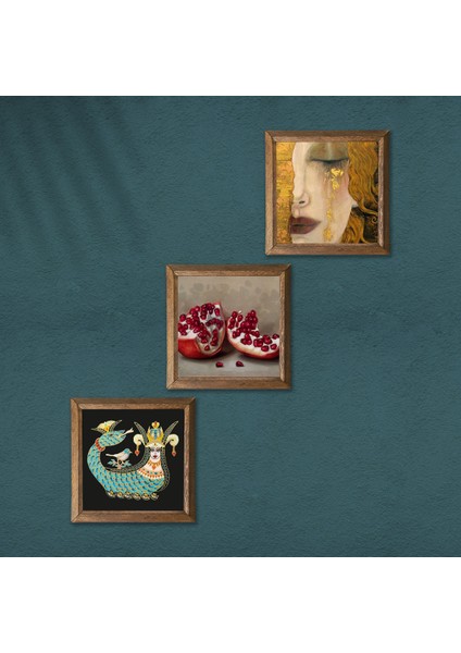 Gustav Klimt Altın Gözyaşları, Şahmeran, Nar Ahşap Çerçeveli Taş Duvar Tablosu 3’lü Set – 25x25 cm Dekoratif Modern Sanat – Ev ve Ofis Dekoru |W3-967| modelleri