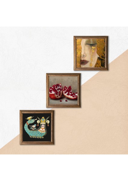 Gustav Klimt Altın Gözyaşları, Şahmeran, Nar Ahşap Çerçeveli Taş Duvar Tablosu 3’lü Set – 25x25 cm Dekoratif Modern Sanat – Ev ve Ofis Dekoru |W3-967| indirimleri