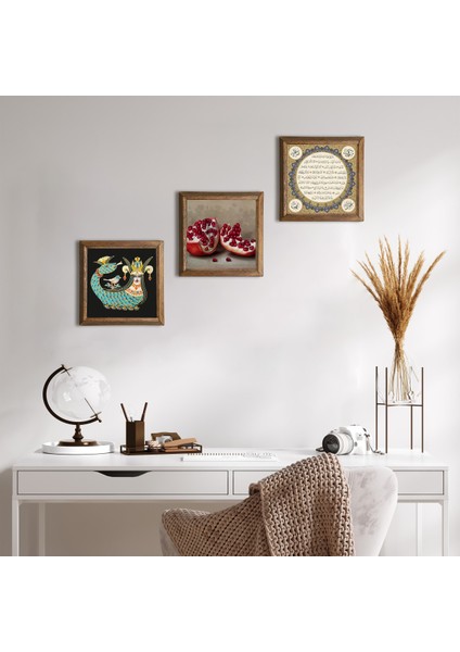 Hilye-i Şerif, Şahmeran, Nar Taş Duvar Tablosu Ahşap Çerçeveli Duvar Dekoru 3 Parça Tablo Seti Wall Art W3-969