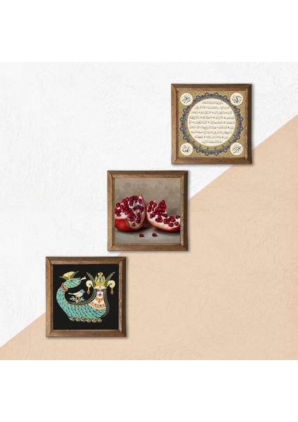 Hilye-i Şerif, Şahmeran, Nar Taş Duvar Tablosu Ahşap Çerçeveli Duvar Dekoru 3 Parça Tablo Seti Wall Art W3-969