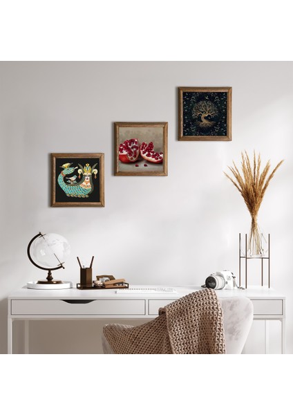 Hayat Ağacı, Şahmeran, Nar Taş Duvar Tablosu Ahşap Çerçeveli Duvar Dekoru 3 Parça Tablo Seti Wall Art W3-992