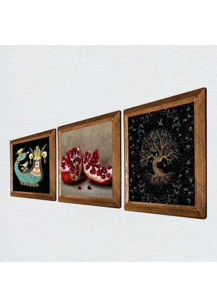 Hayat Ağacı, Şahmeran, Nar Taş Duvar Tablosu Ahşap Çerçeveli Duvar Dekoru 3 Parça Tablo Seti Wall Art W3-992