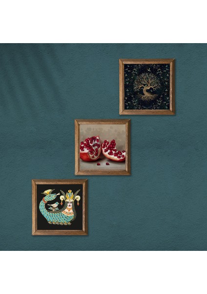 Hayat Ağacı, Şahmeran, Nar Taş Duvar Tablosu Ahşap Çerçeveli Duvar Dekoru 3 Parça Tablo Seti Wall Art W3-992