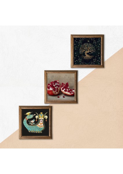Hayat Ağacı, Şahmeran, Nar Taş Duvar Tablosu Ahşap Çerçeveli Duvar Dekoru 3 Parça Tablo Seti Wall Art W3-992