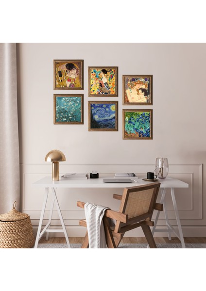 Gustav Klimt, Van Gogh Taş Duvar Tablosu Ahşap Çerçeveli Duvar Dekoru 6 Parça Tablo Seti Wall Art W6-74