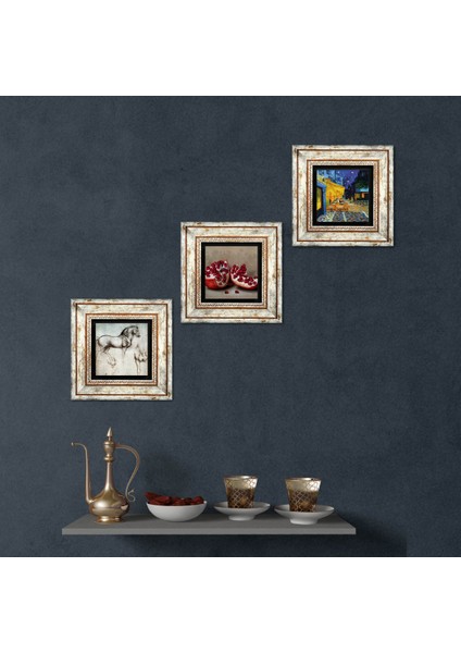 Van Gogh Kafe Terasta Gece, Da Vinci At Heykeli, Nar Çerçeveli Taş Duvar Tablosu 3’lü Set - Dekoratif Modern Sanat, Ev ve Ofis Dekoru |TK3-1342|