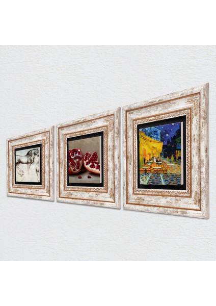 Van Gogh Kafe Terasta Gece, Da Vinci At Heykeli, Nar Çerçeveli Taş Duvar Tablosu 3’lü Set - Dekoratif Modern Sanat, Ev ve Ofis Dekoru |TK3-1342| fiyatları