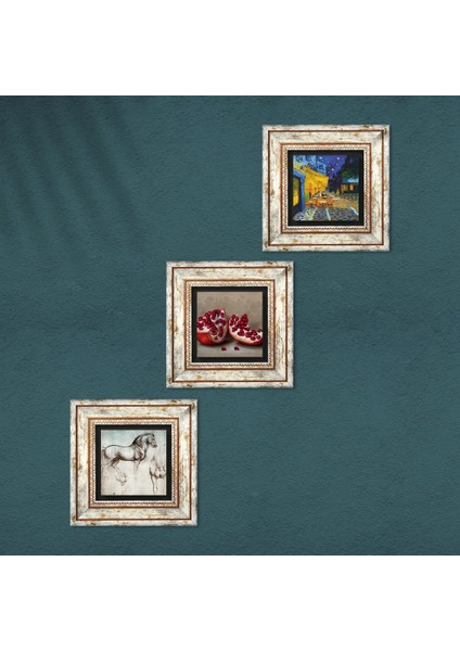Van Gogh Kafe Terasta Gece, Da Vinci At Heykeli, Nar Çerçeveli Taş Duvar Tablosu 3’lü Set - Dekoratif Modern Sanat, Ev ve Ofis Dekoru |TK3-1342| fırsatları