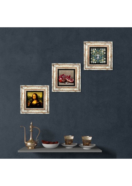 Stone Hayat Ağacı, Leonardo da Vinci Mona Lisa, Nar Çerçeveli Taş Duvar Tablosu 3’lü Set - Dekoratif Modern Sanat, Ev ve Ofis Dekoru |TK3-1438|
