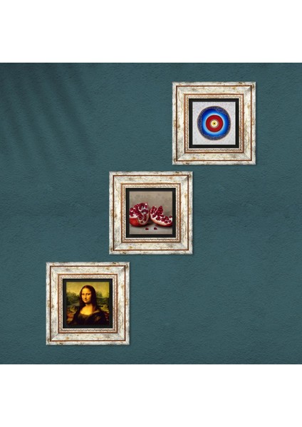Nazar, Leonardo da Vinci Mona Lisa, Nar Çerçeveli Taş Duvar Tablosu 3’lü Set - Dekoratif Modern Sanat, Ev ve Ofis Dekoru |TK3-1441| fırsatları