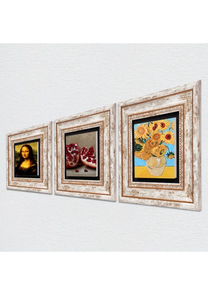 Van Gogh On İki Ayçiçekli Vazo, Da Vinci Mona Lisa, Nar Taş Duvar Tablosu Çerçeveli Duvar Dekoru 3 Parça Tablo Seti Wall Art T3-1448 fiyatları