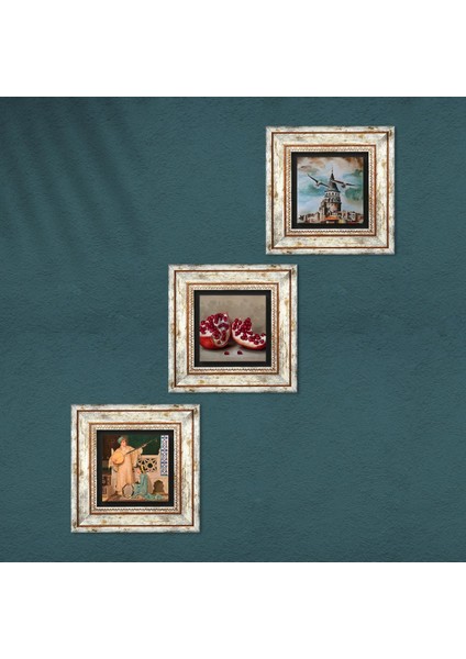 İstanbul Galata Kulesi, İki Müzisyen Kız Tablosu, Nar Taş Duvar Tablosu Çerçeveli Duvar Dekoru 3 Parça Tablo Seti Wall Art T3-1476