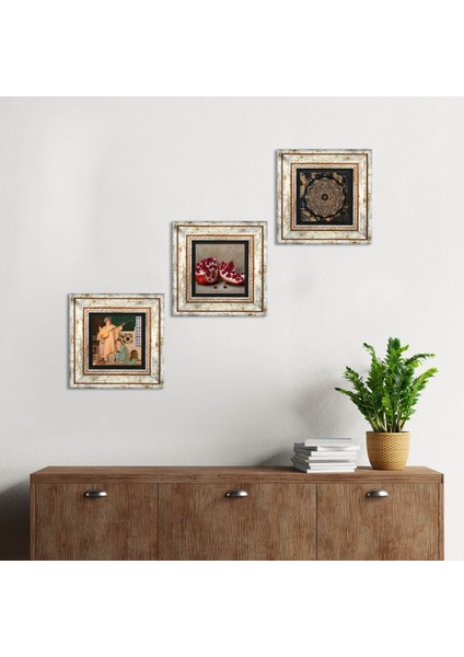 Sri Yantra, İki Müzisyen Kız Tablosu, Nar Taş Duvar Tablosu Çerçeveli Duvar Dekoru 3 Parça Tablo Seti Wall Art T3-1491