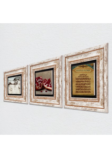 Ayet-el Kürsi, Nar, At Çerçeveli Taş Duvar Tablosu 3’lü Set - Dekoratif Modern Sanat, Ev ve Ofis Dekoru |TK3-1305| fiyatları