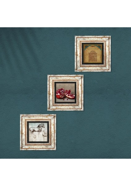 Ayet-el Kürsi, Nar, At Çerçeveli Taş Duvar Tablosu 3’lü Set - Dekoratif Modern Sanat, Ev ve Ofis Dekoru |TK3-1305| fırsatları