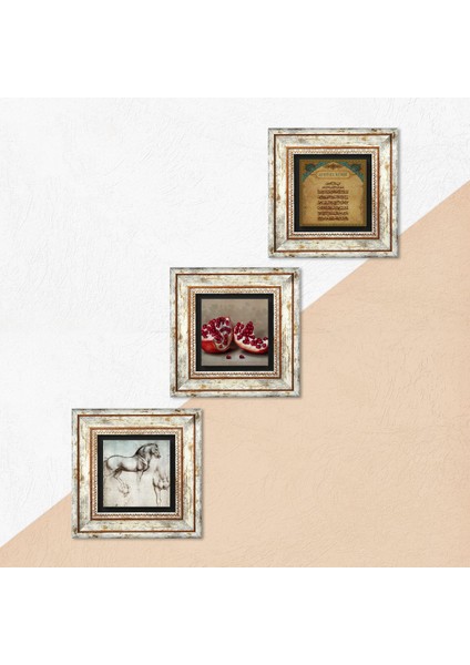 Ayet-el Kürsi, Nar, At Çerçeveli Taş Duvar Tablosu 3’lü Set - Dekoratif Modern Sanat, Ev ve Ofis Dekoru |TK3-1305| indirimleri