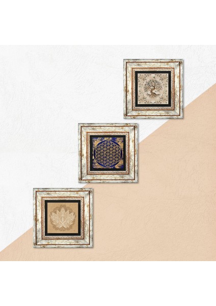 Lotus Çiçeği, Yaşam Çiçeği, Hayat Ağacı Taş Duvar Tablosu Çerçeveli Duvar Dekoru 3 Parça Tablo Seti Wall Art T3-142 indirimleri