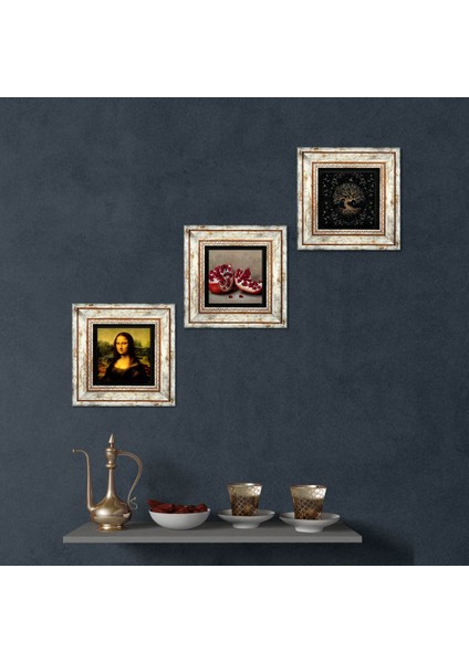 Hayat Ağacı, Leonardo da Vinci Mona Lisa, Nar Taş Duvar Tablosu Çerçeveli Duvar Dekoru 3 Parça Tablo Seti Wall Art T3-1422