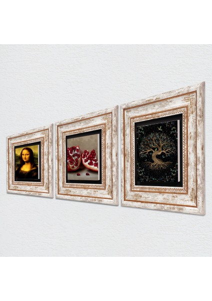 Hayat Ağacı, Leonardo da Vinci Mona Lisa, Nar Taş Duvar Tablosu Çerçeveli Duvar Dekoru 3 Parça Tablo Seti Wall Art T3-1422